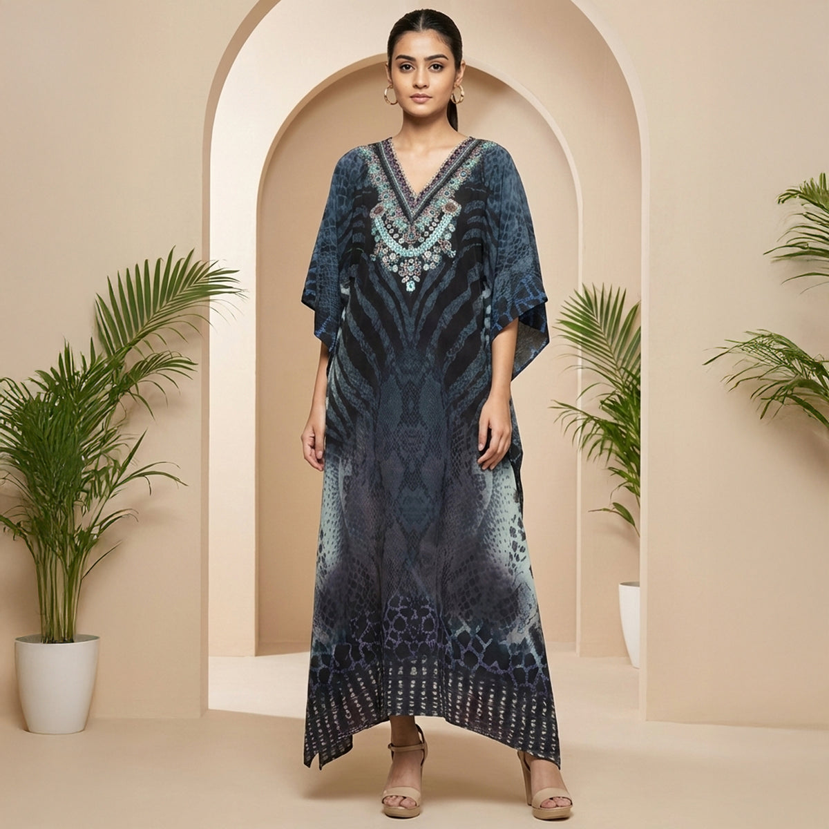 Dark Blue Python Print Kaftan for Women – Embellished | First Resort by Ramola Bachchan