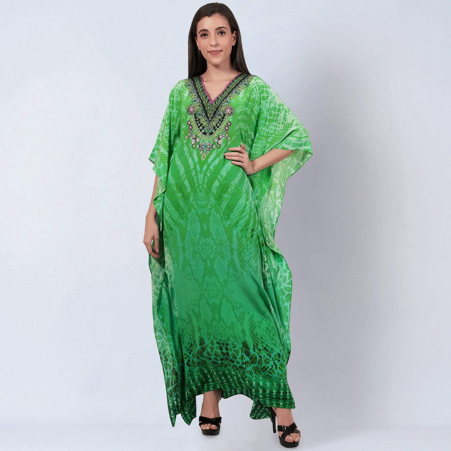 Green Python Print Embellished Silk Full Length Kaftan