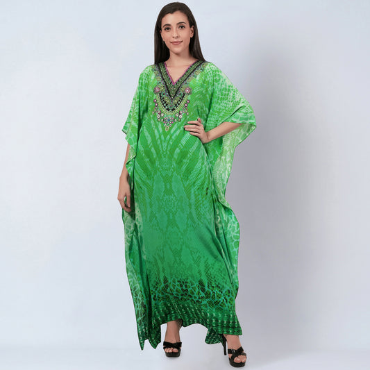 Green Python Print Embellished Silk Full Length Kaftan