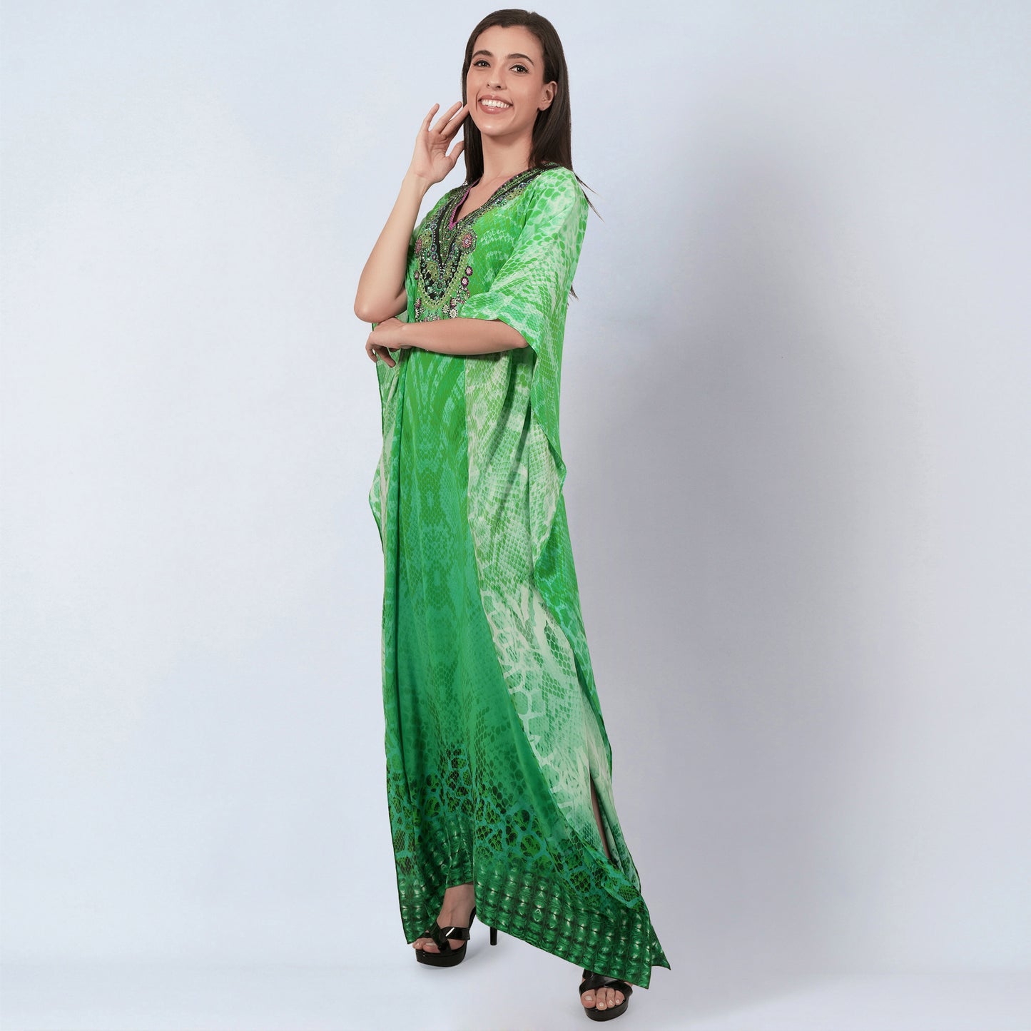 Green Python Print Embellished Silk Full Length Kaftan