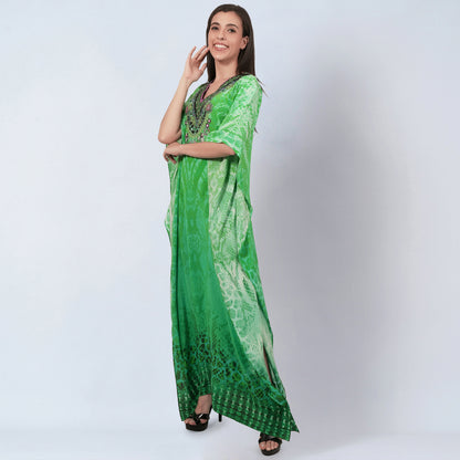 Green Python Print Embellished Silk Full Length Kaftan