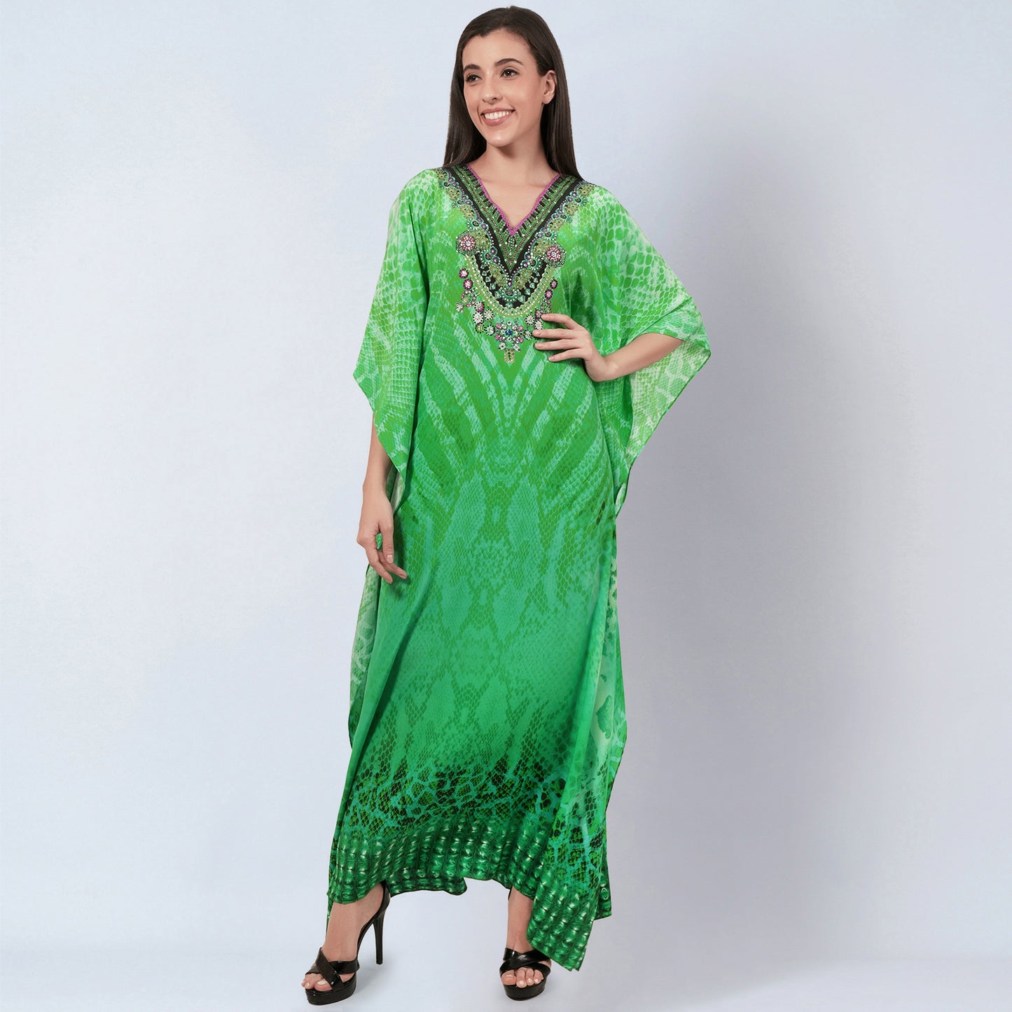 Green Python Print Embellished Silk Full Length Kaftan