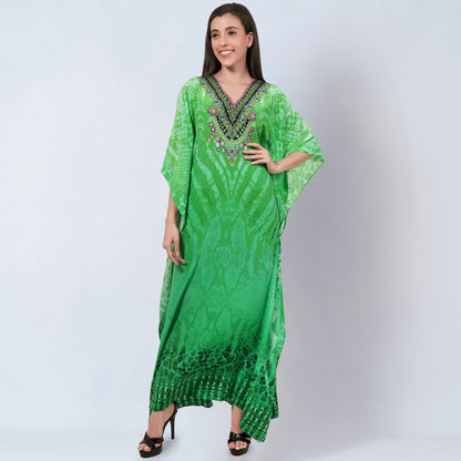 Green Python Print Embellished Silk Full Length Kaftan