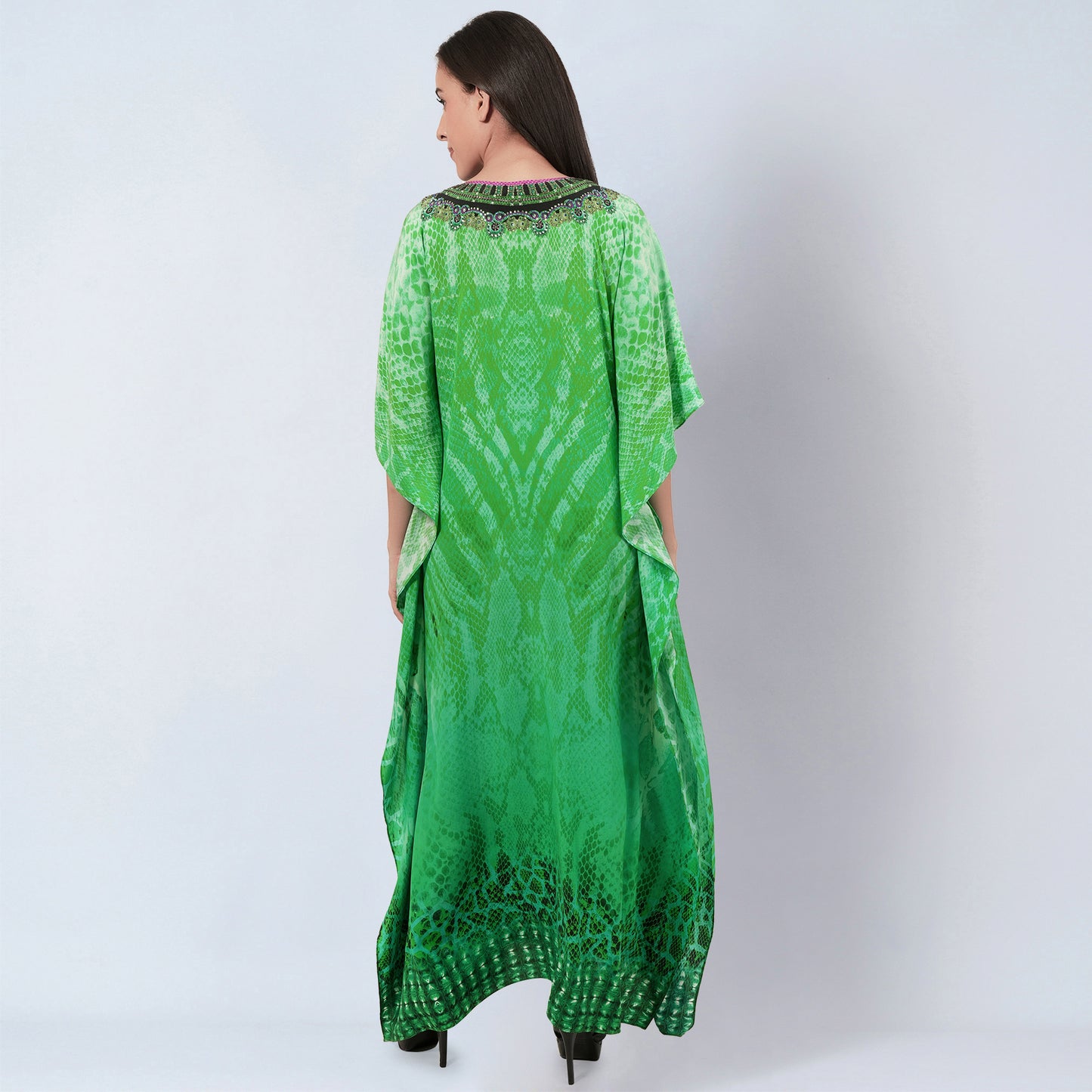 Green Python Print Embellished Silk Full Length Kaftan