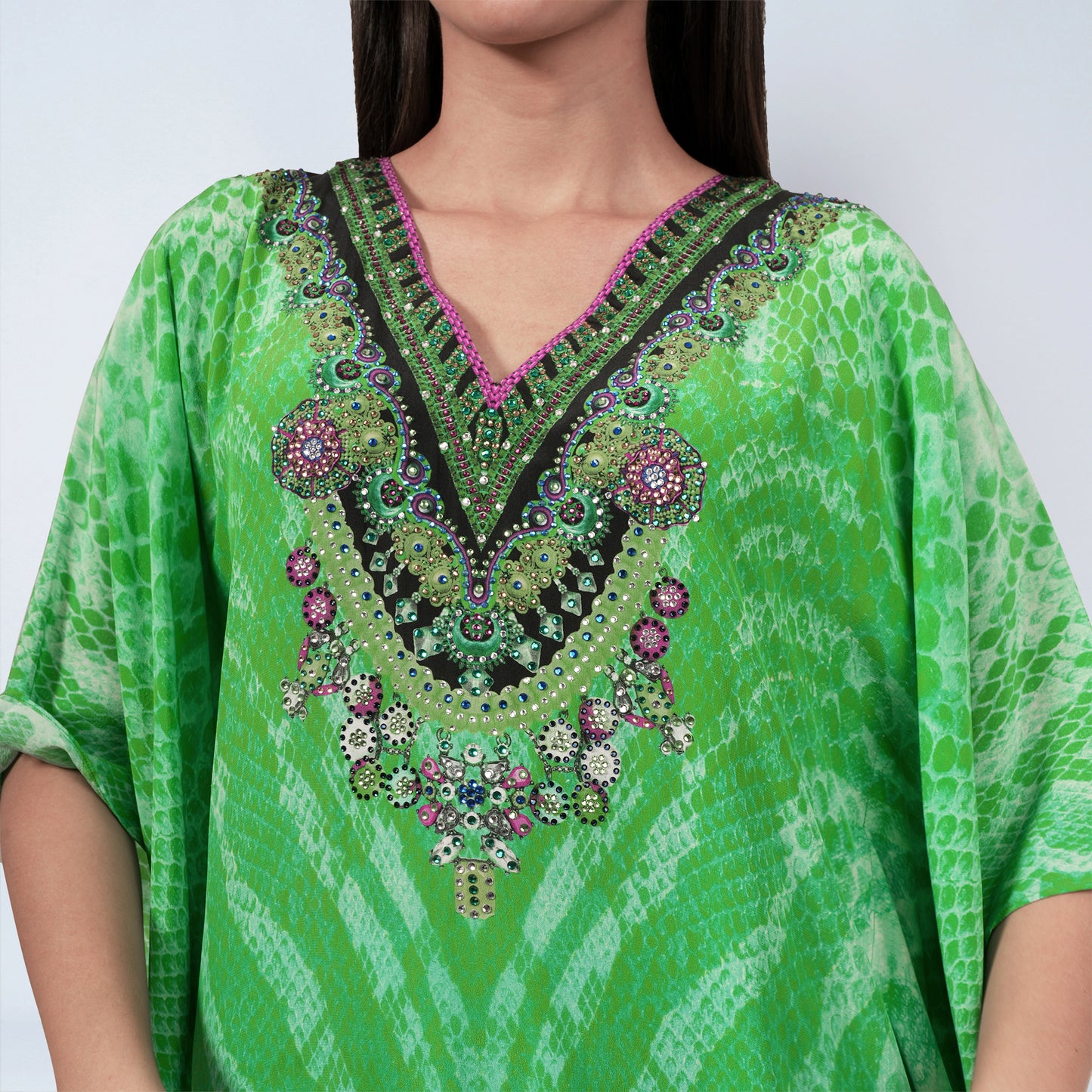 Green Python Print Embellished Silk Full Length Kaftan