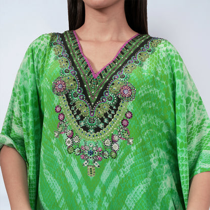 Green Python Print Embellished Silk Full Length Kaftan