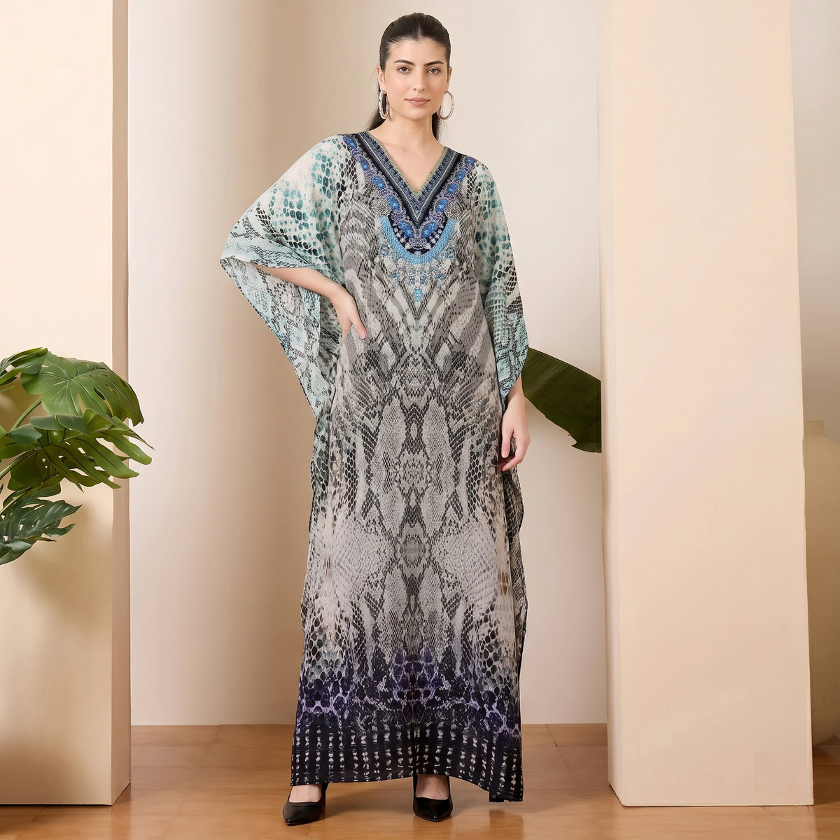 Grey And White Python Print Kaftan for Women – Embellished | First Resort by Ramola Bachchan