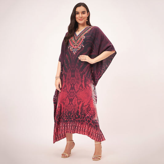 Red Python Print Embellished Silk Full Length Kaftan