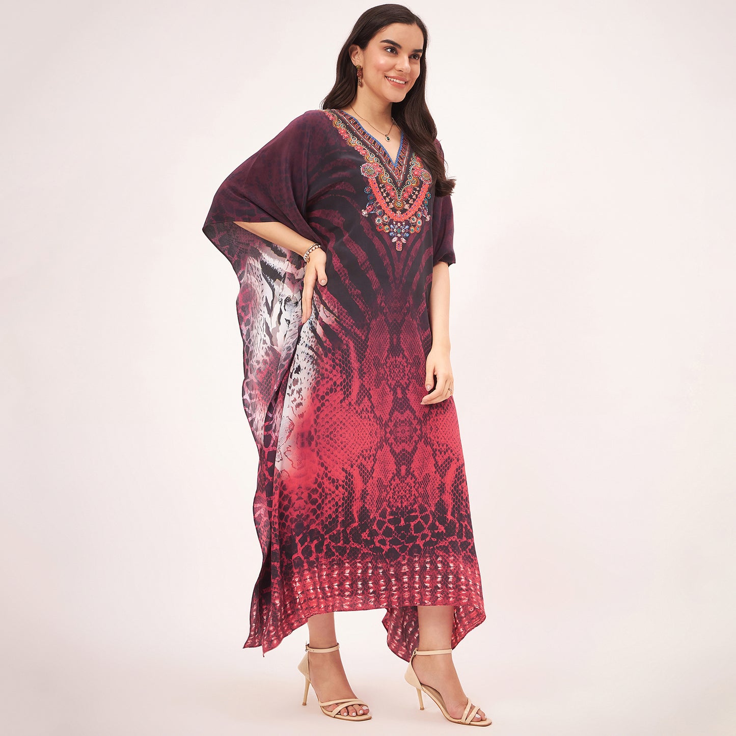 Red Python Print Embellished Silk Full Length Kaftan