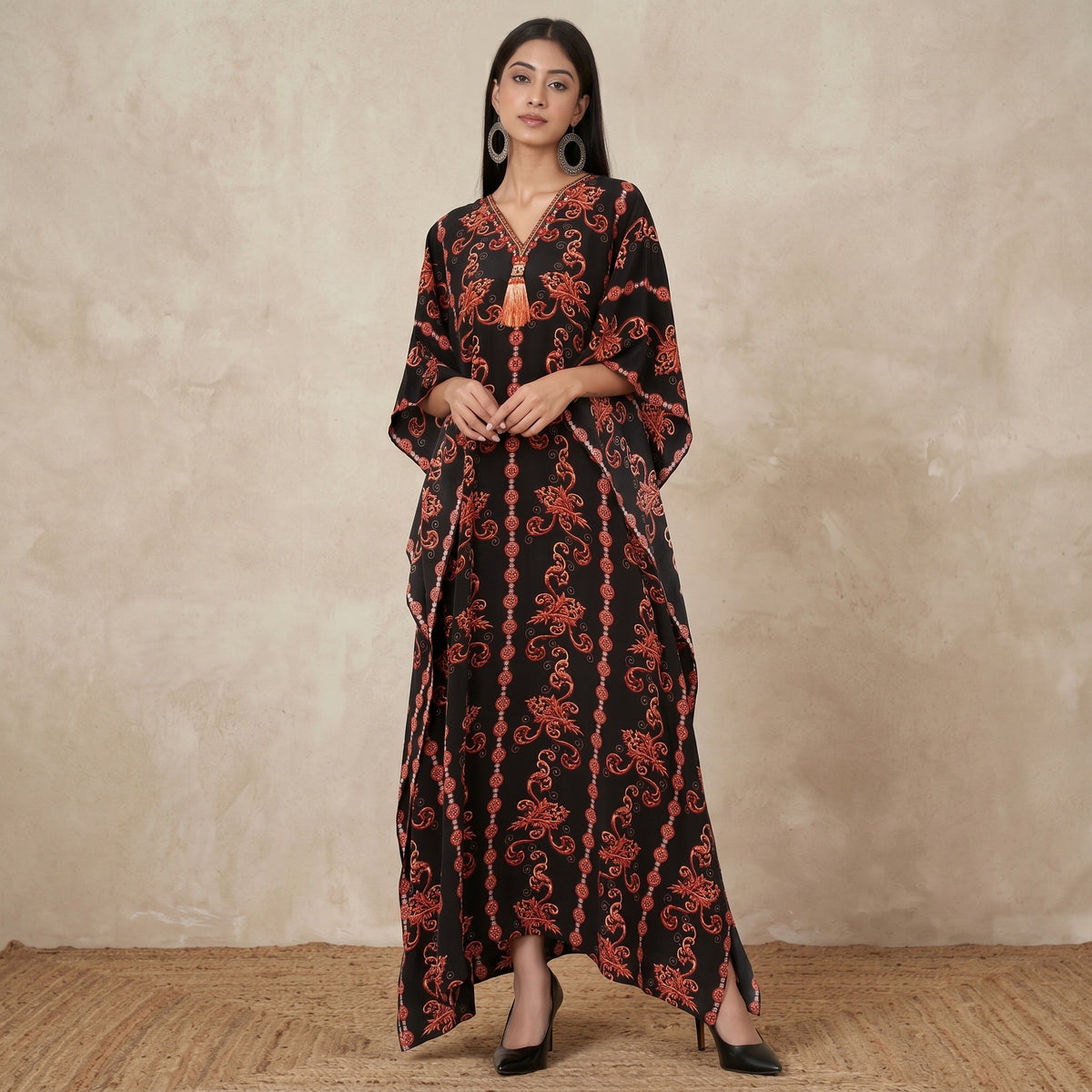 Black And Orange Ivy Print Kaftan for Women – Embellished | First Resort by Ramola Bachchan