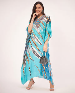 Turquoise Leaf Print Embellished Silk Full Length Kaftan