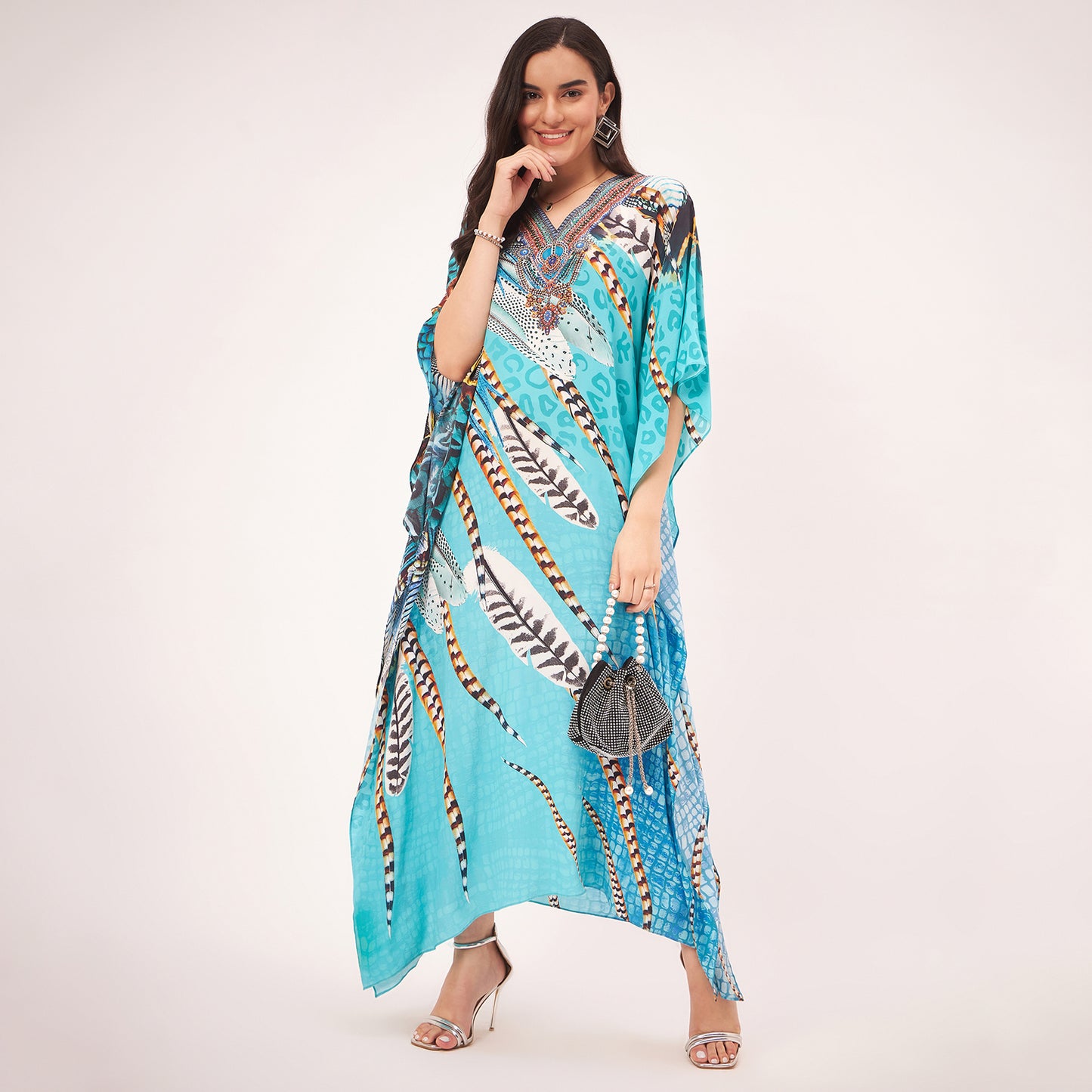 Turquoise Leaf Print Embellished Silk Full Length Kaftan