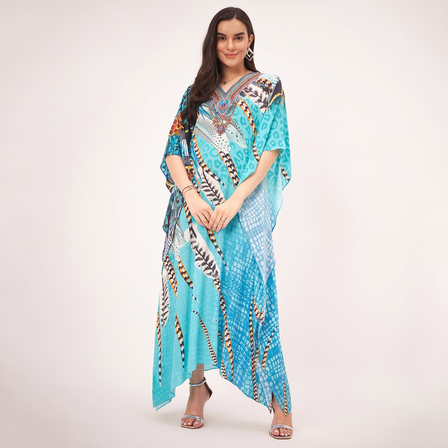 Turquoise Leaf Print Embellished Silk Full Length Kaftan