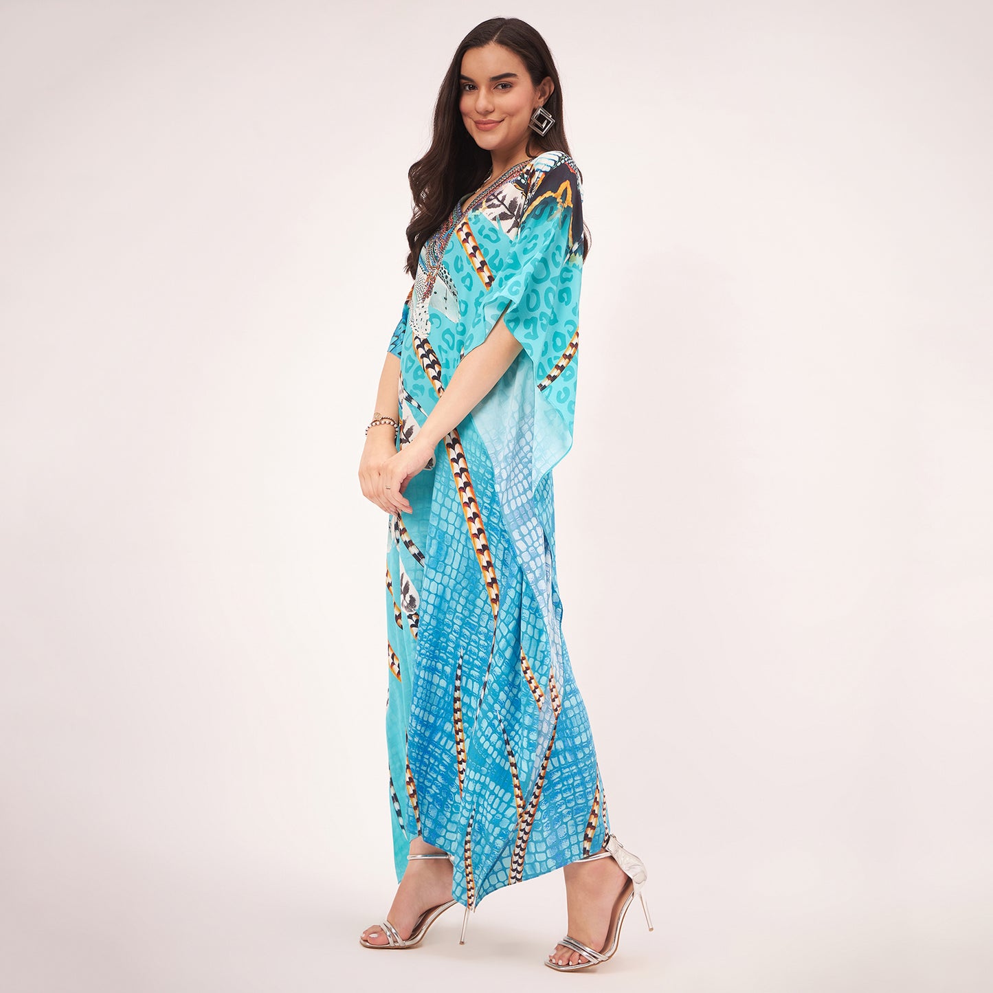 Turquoise Leaf Print Embellished Silk Full Length Kaftan