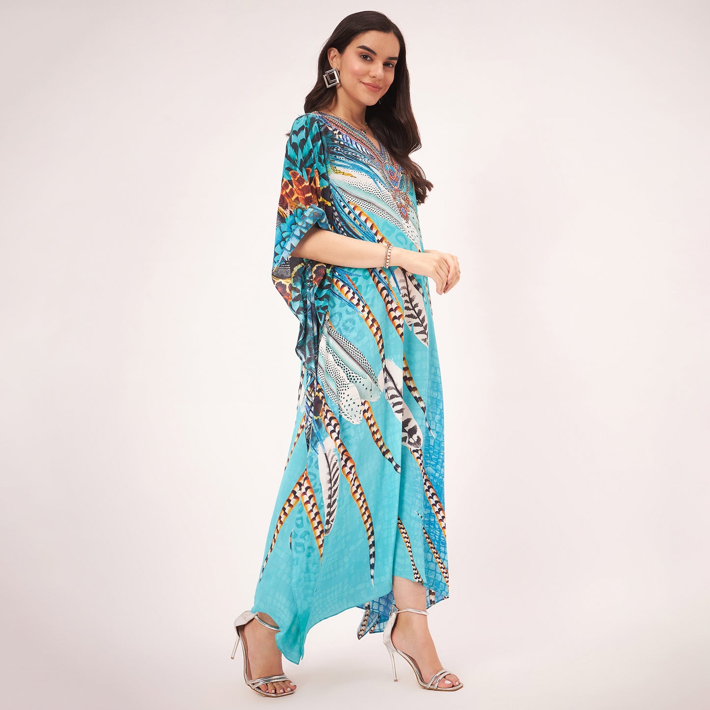 Turquoise Leaf Print Embellished Silk Full Length Kaftan