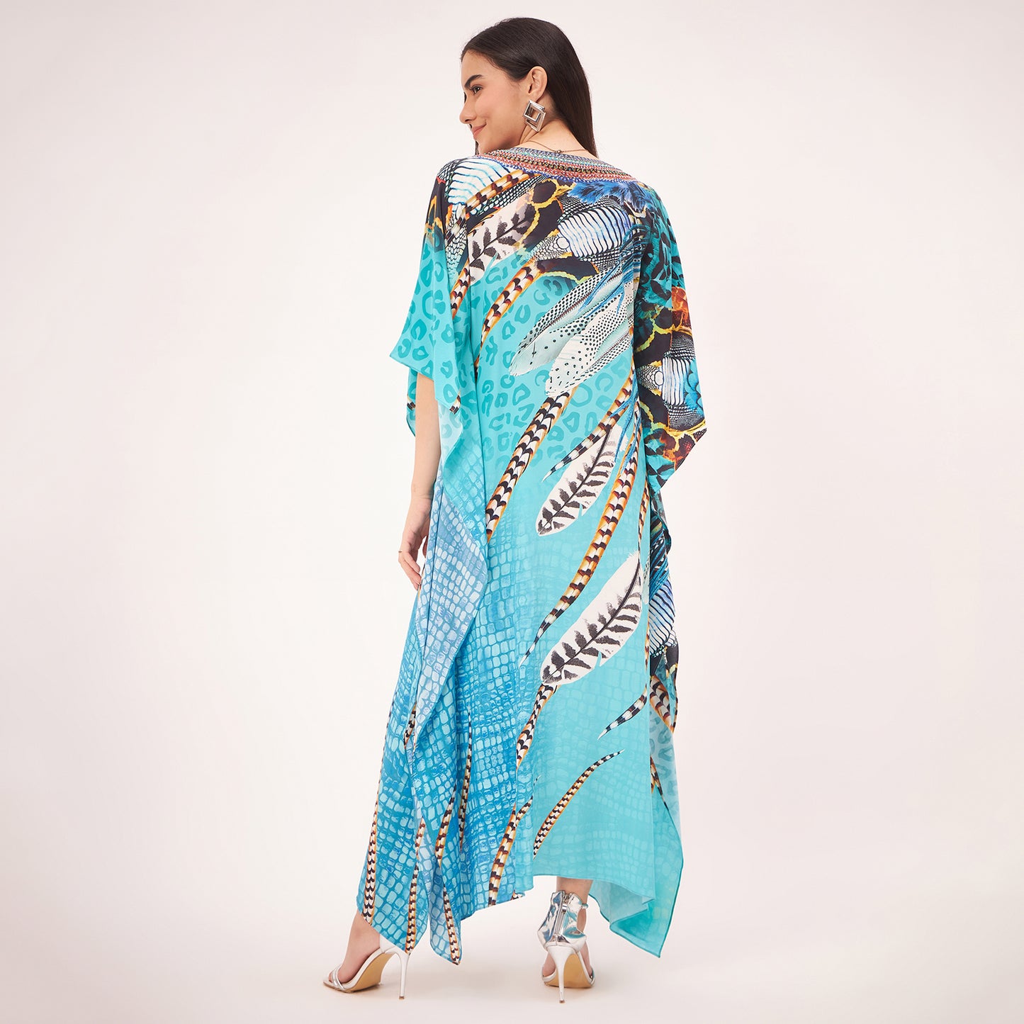 Turquoise Leaf Print Embellished Silk Full Length Kaftan