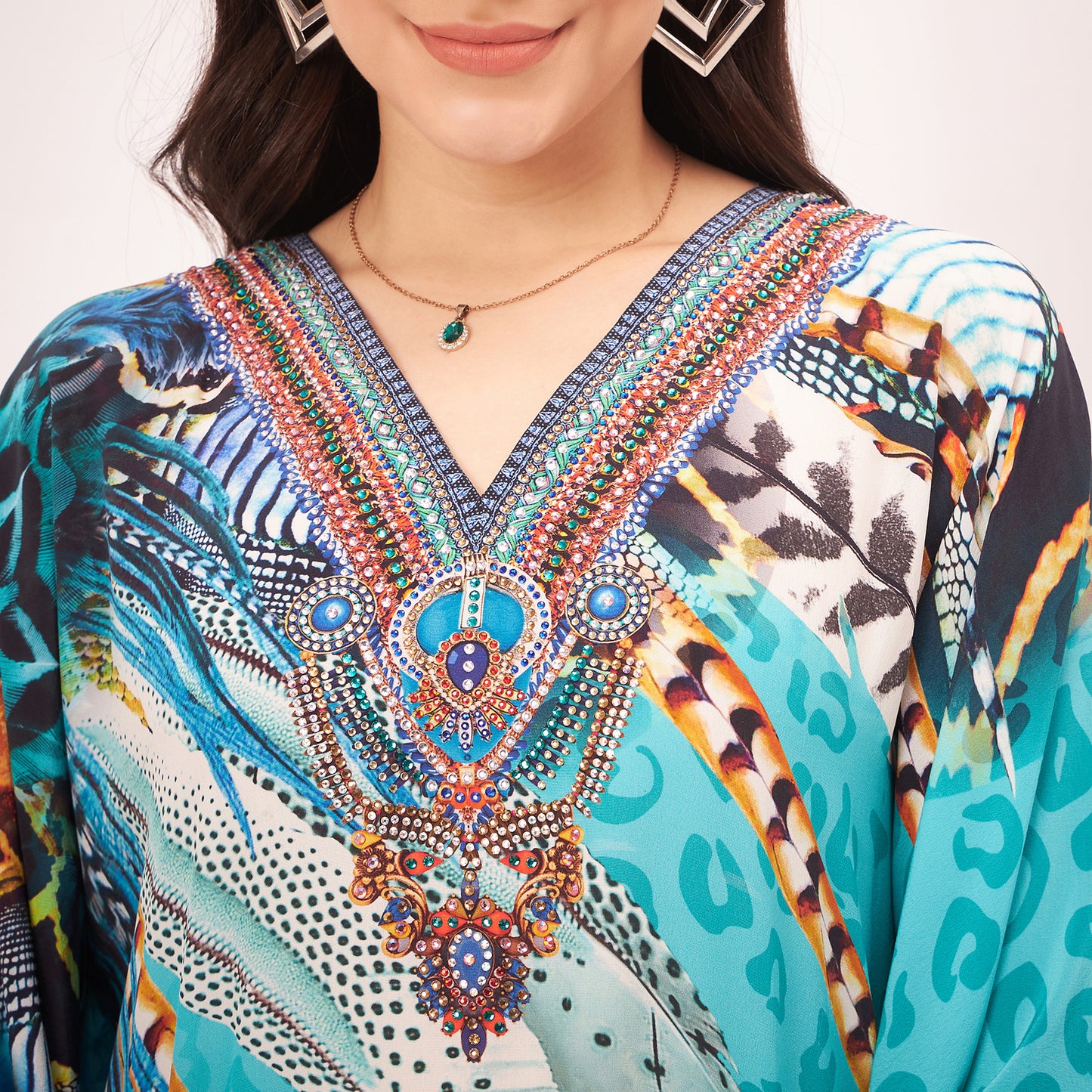 Turquoise Leaf Print Embellished Silk Full Length Kaftan