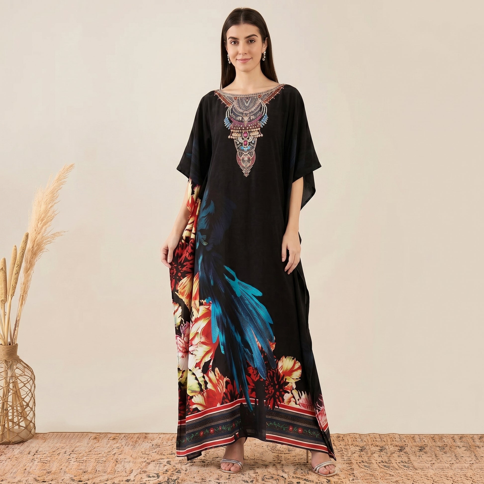 Black And Blue Splash Print Kaftan for Women – Embellished | First Resort by Ramola Bachchan
