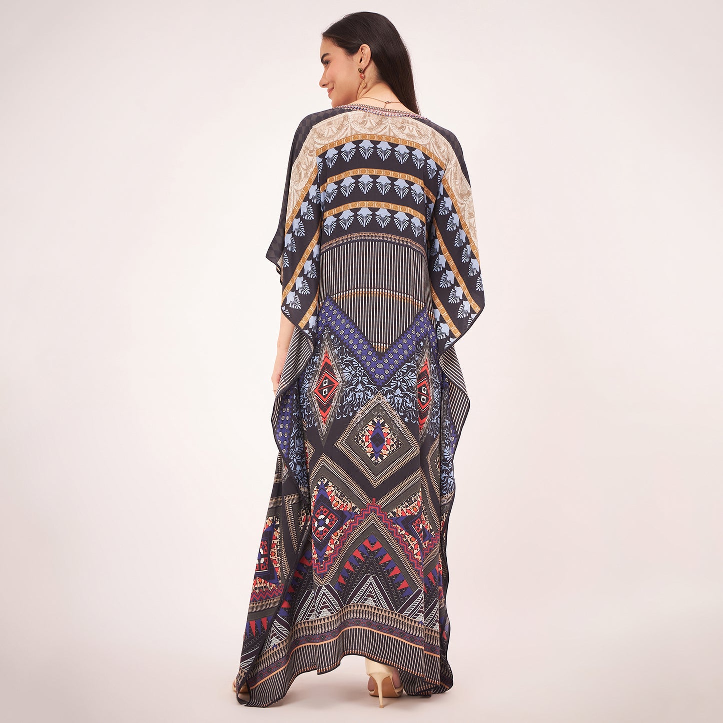 Black and Blue Geometric Print Embellished Silk Full Length Kaftan