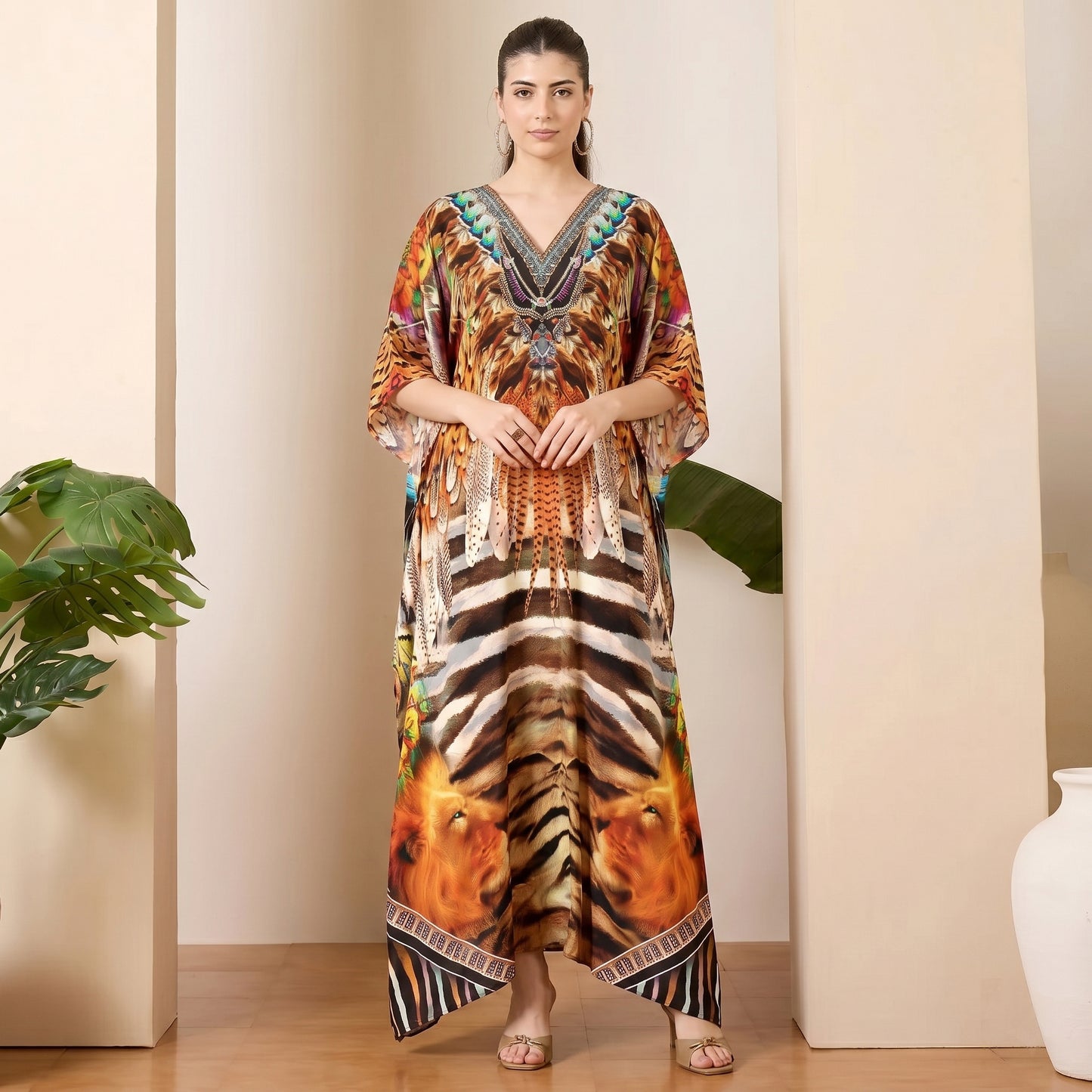 Brown And Black Tribal Print Kaftan for Women – Embellished | First Resort by Ramola Bachchan