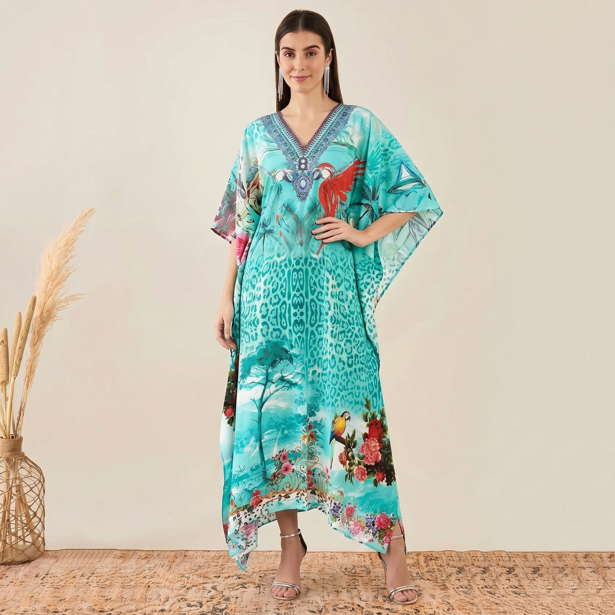 Turquoise Animal Print Kaftan for Women – Embellished | First Resort by Ramola Bachchan