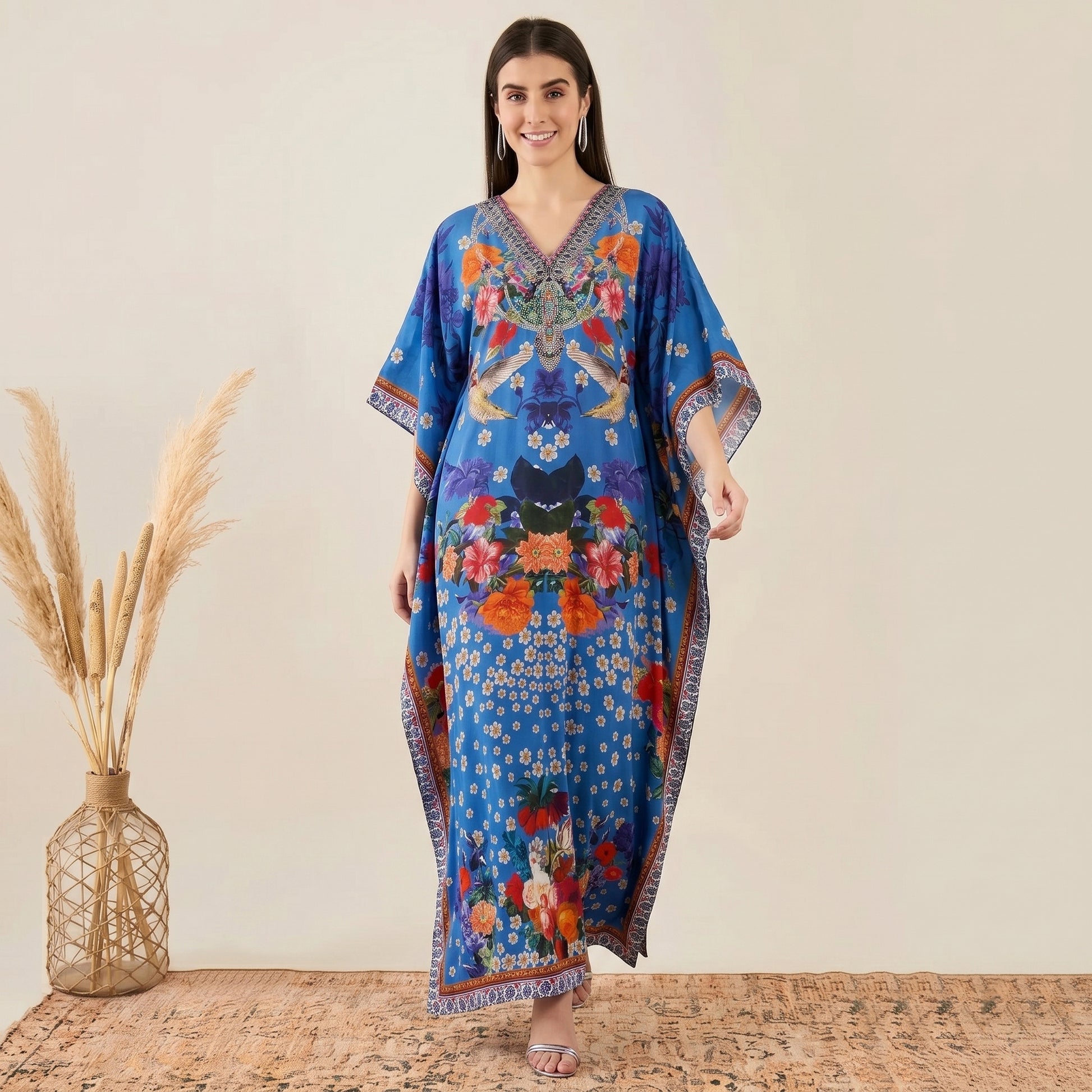 Blue And Orange Floral Print Kaftan for Women – Embellished | First Resort by Ramola Bachchan