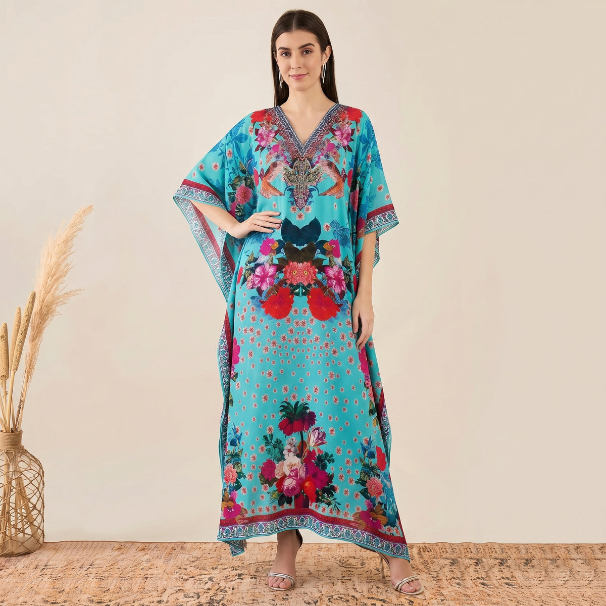 Blue And Pink Floral Print Kaftan for Women – Embellished | First Resort by Ramola Bachchan
