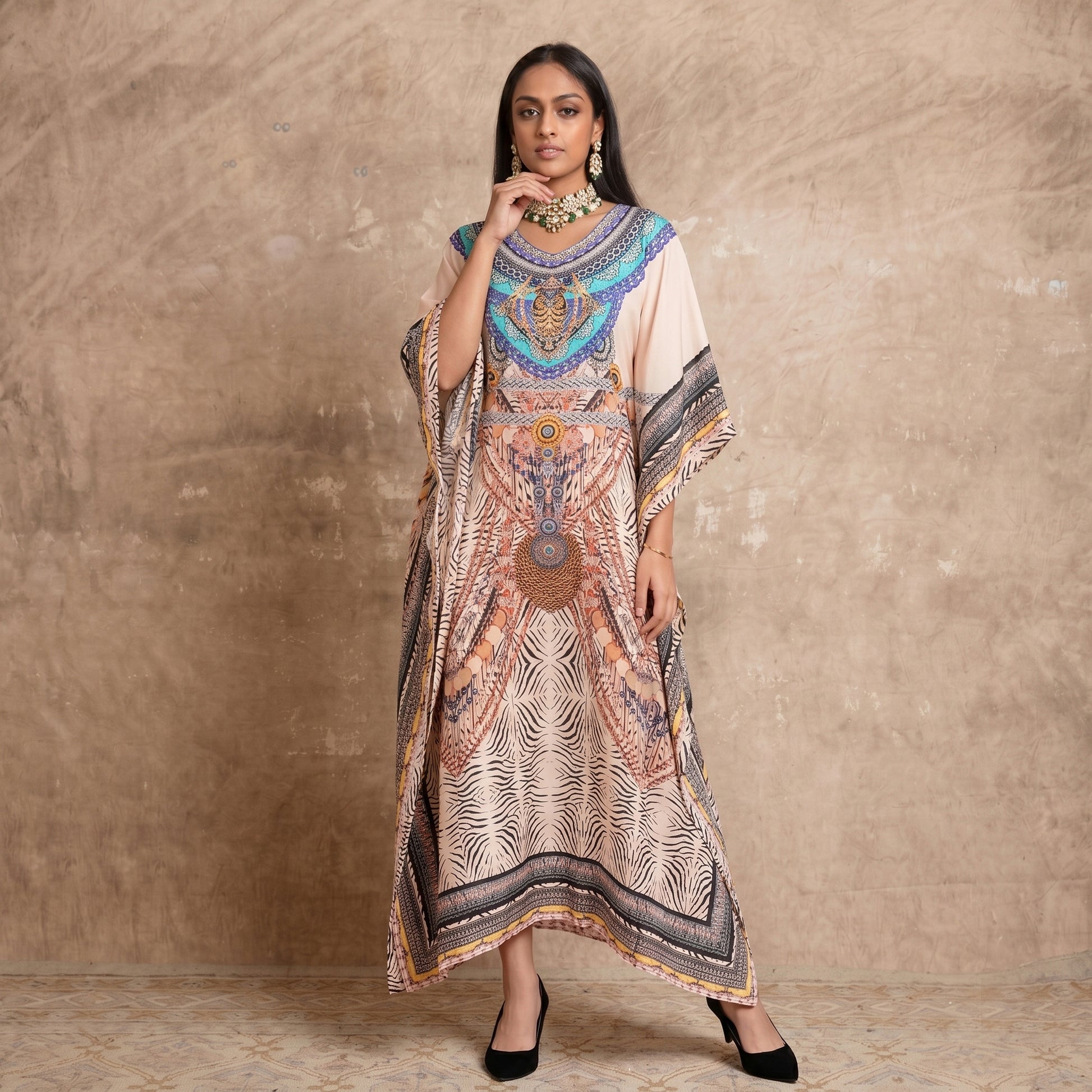 Beige Animal Print Kaftan for Women – Embellished | First Resort by Ramola Bachchan
