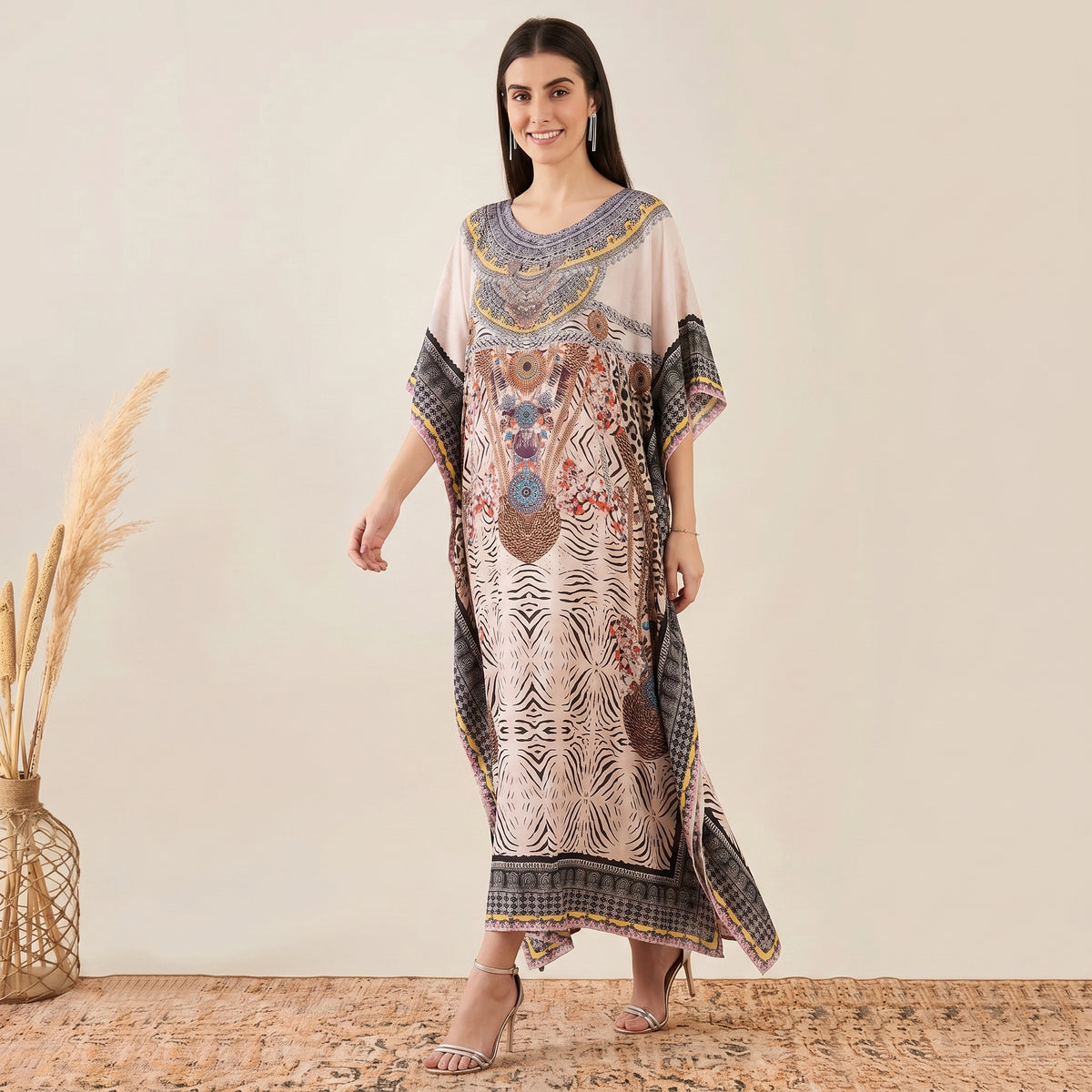 Grey Animal Print Kaftan for Women – Embellished | First Resort by Ramola Bachchan