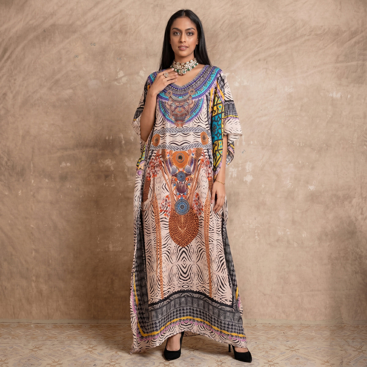 Beige And Black Animal Print Kaftan for Women – Embellished | First Resort by Ramola Bachchan