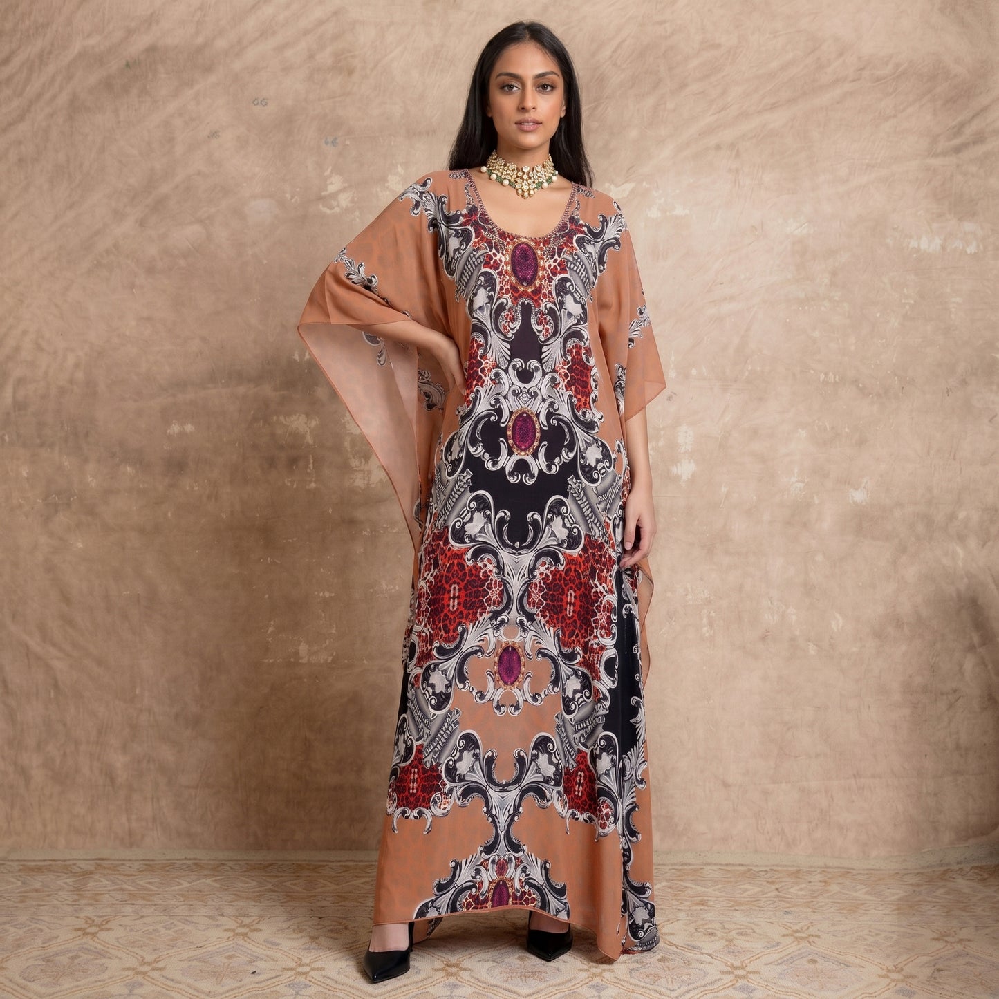 Peach And Black Baroque Print Kaftan for Women – Embellished | First Resort by Ramola Bachchan