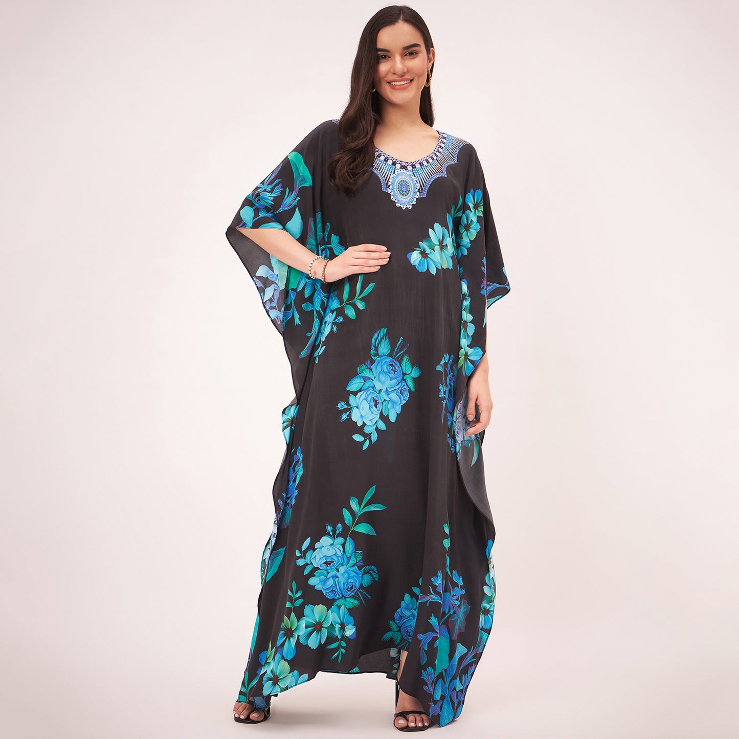 Black and Blue Floral Print Embellished Silk Full Length Kaftan