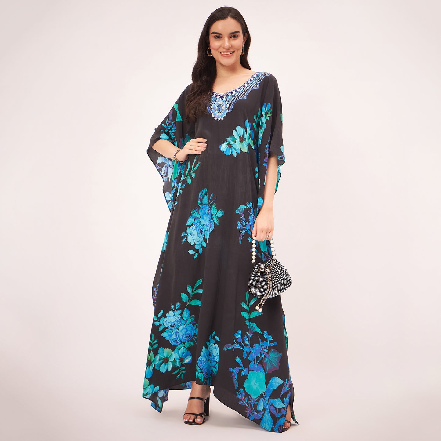 Black and Blue Floral Print Embellished Silk Full Length Kaftan