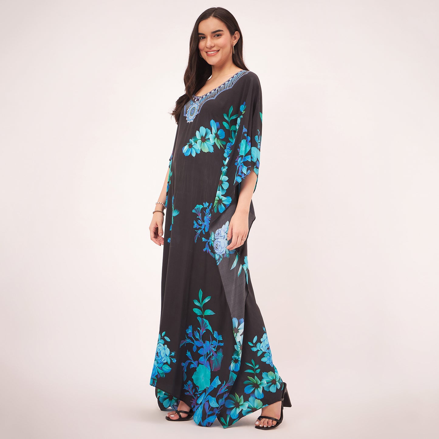 Black and Blue Floral Print Embellished Silk Full Length Kaftan