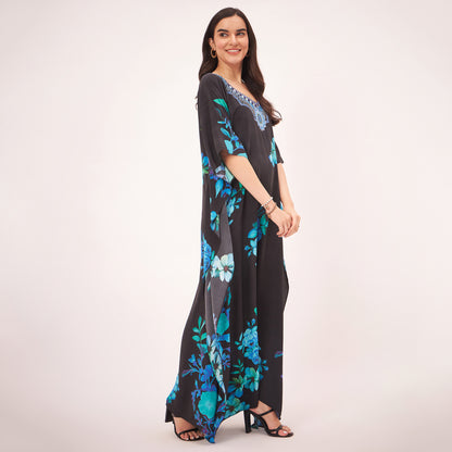 Black and Blue Floral Print Embellished Silk Full Length Kaftan