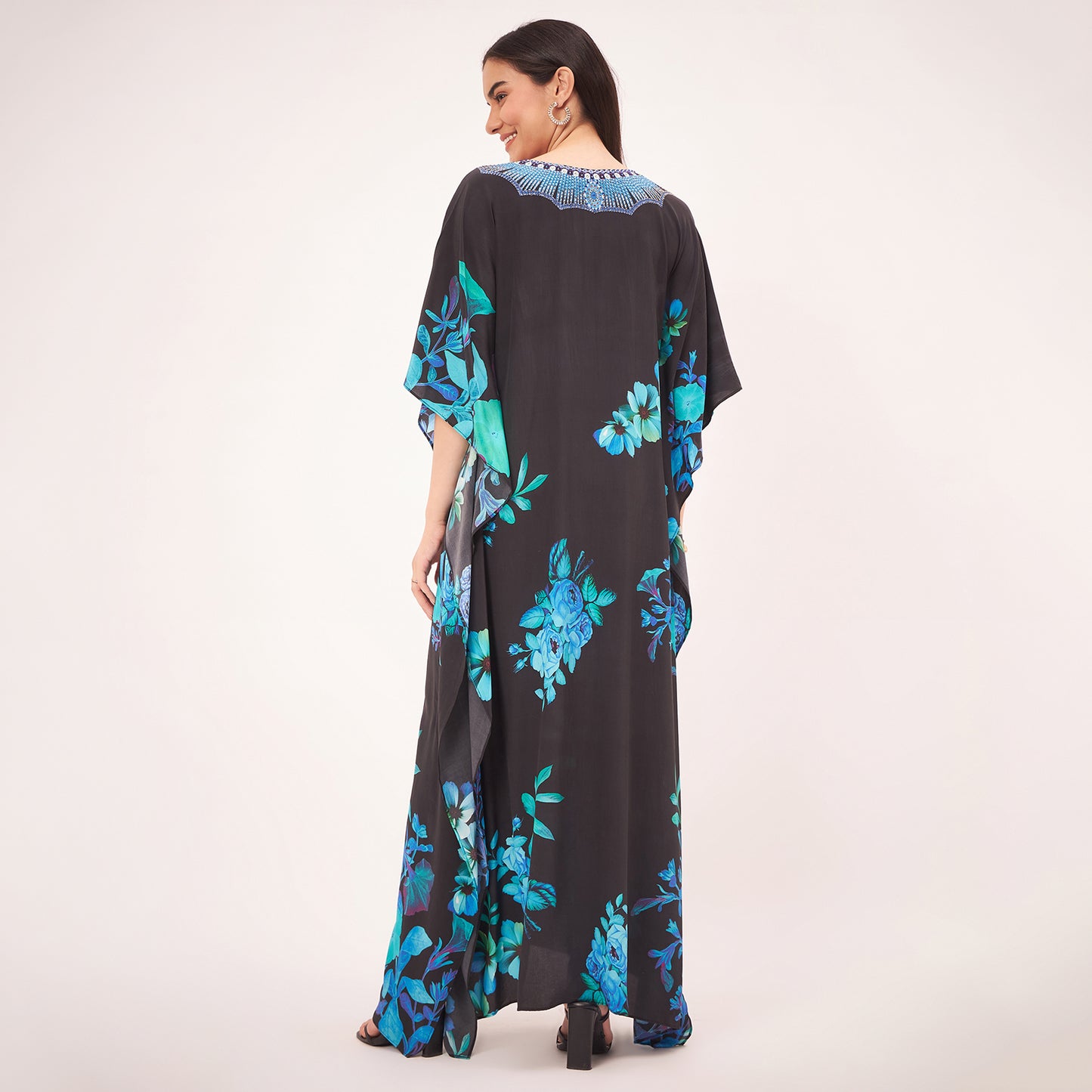 Black and Blue Floral Print Embellished Silk Full Length Kaftan