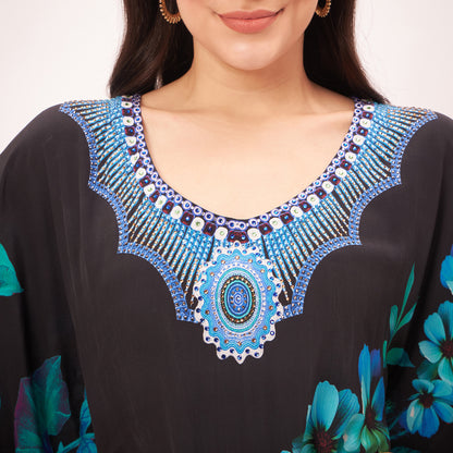 Black and Blue Floral Print Embellished Silk Full Length Kaftan