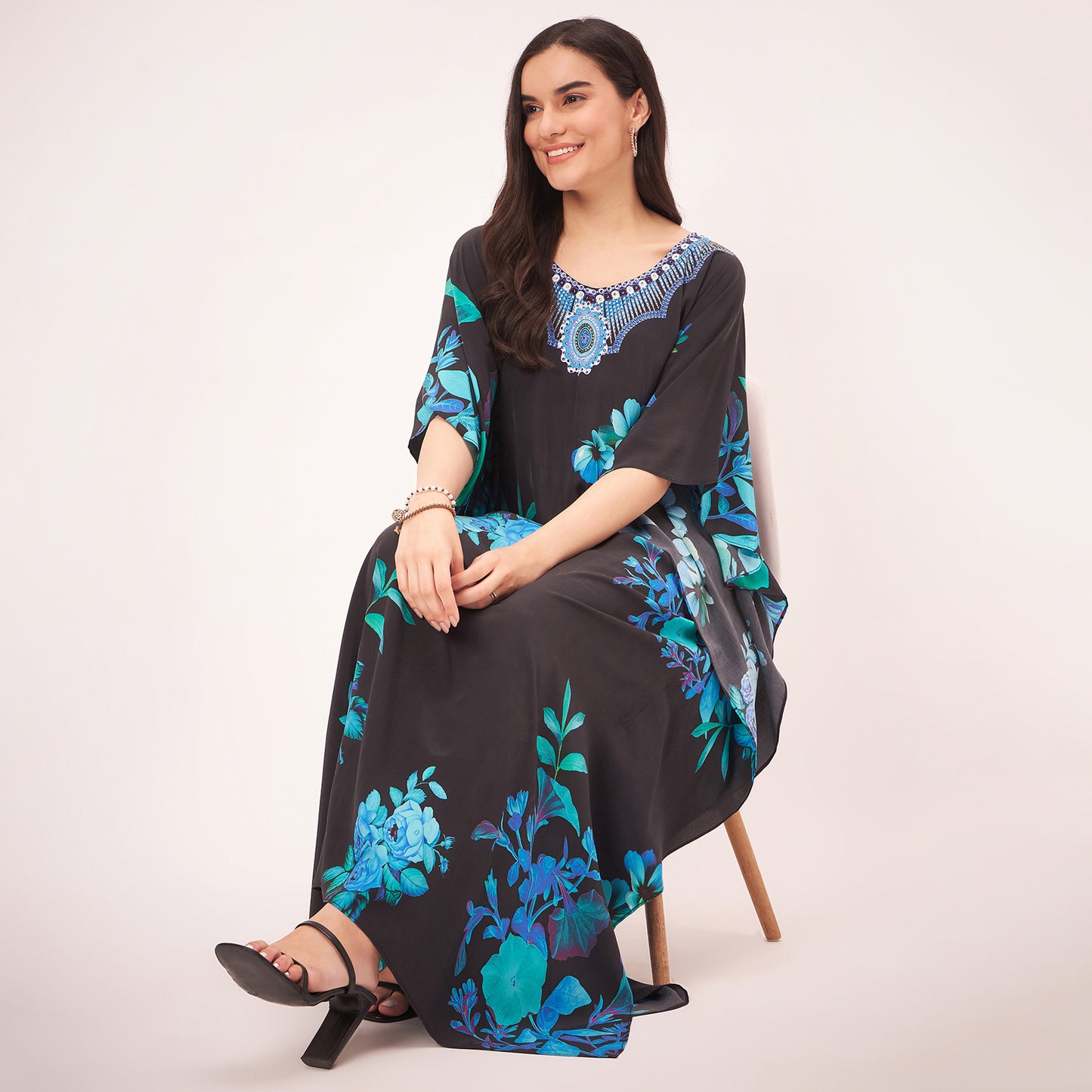 Black and Blue Floral Print Embellished Silk Full Length Kaftan
