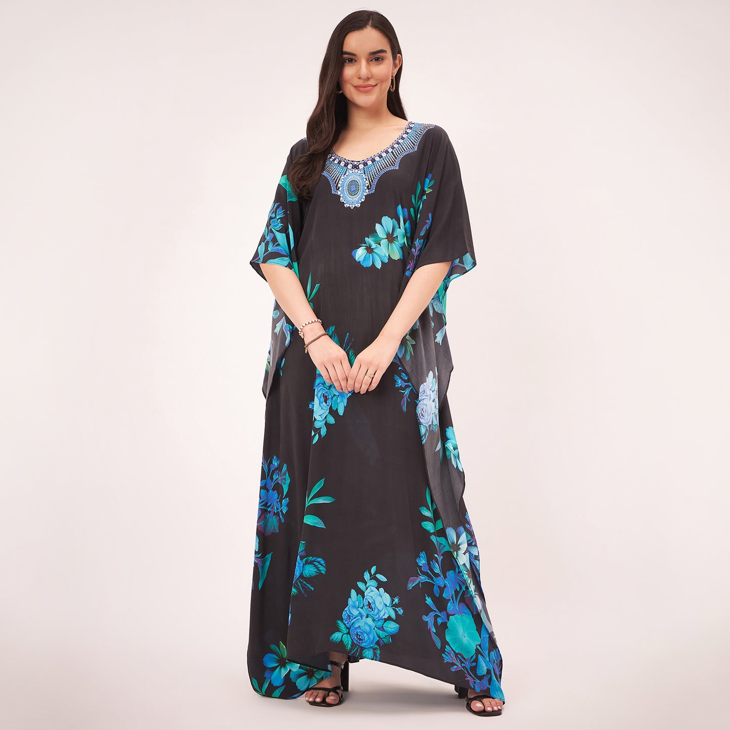Black and Blue Floral Print Embellished Silk Full Length Kaftan