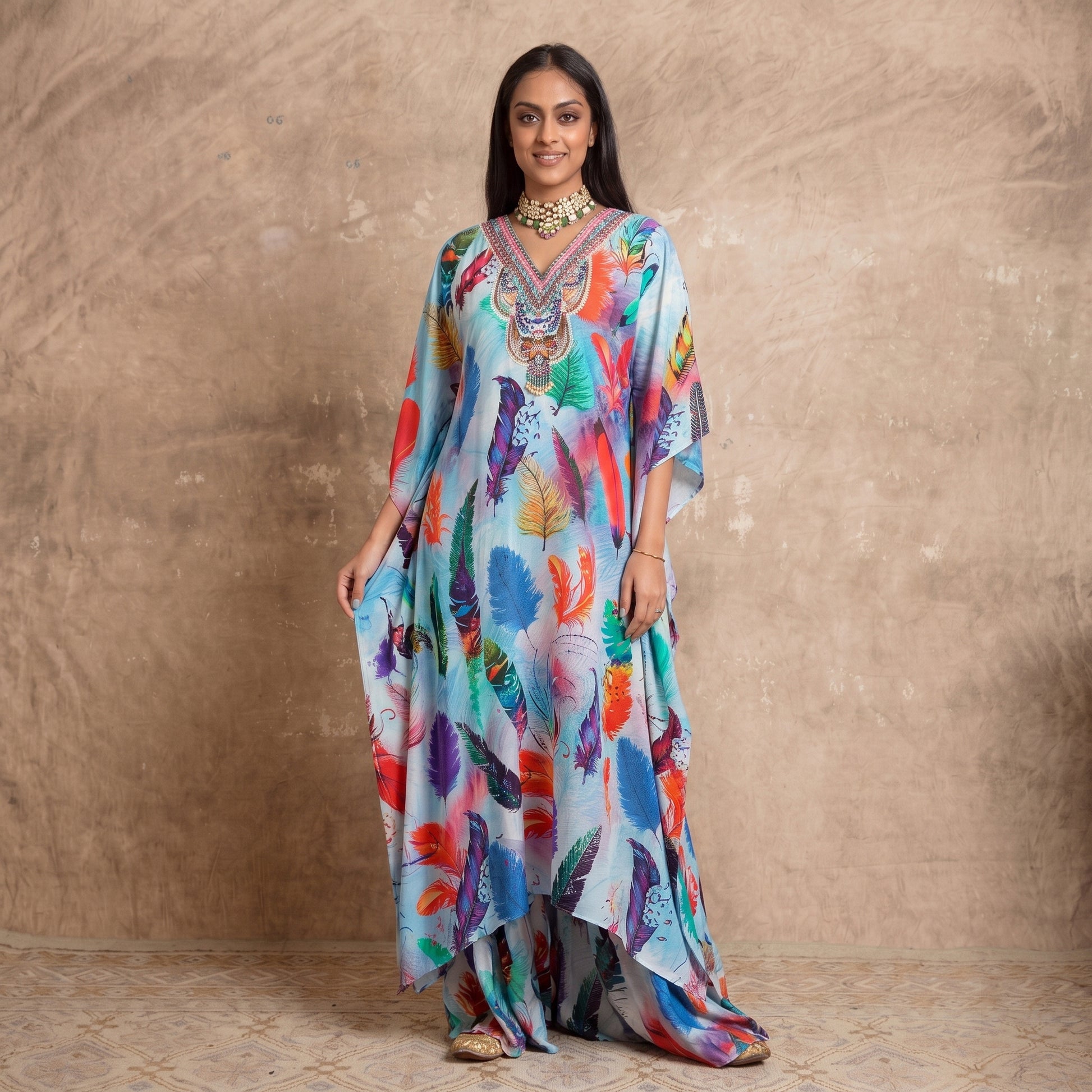 Multicolour Feather Print Kaftan for Women – Embellished | First Resort by Ramola Bachchan