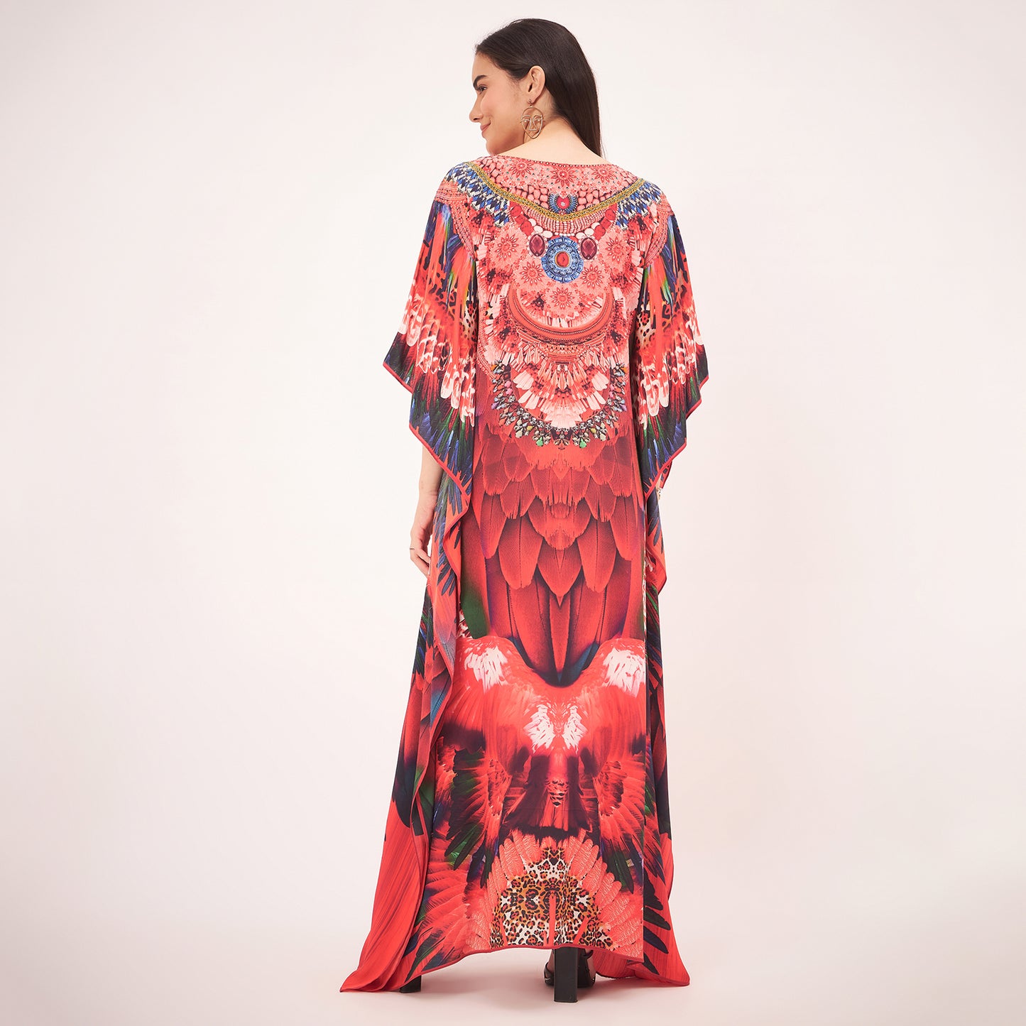 Red and Black Tribal Embellished Silk Full Length Kaftan