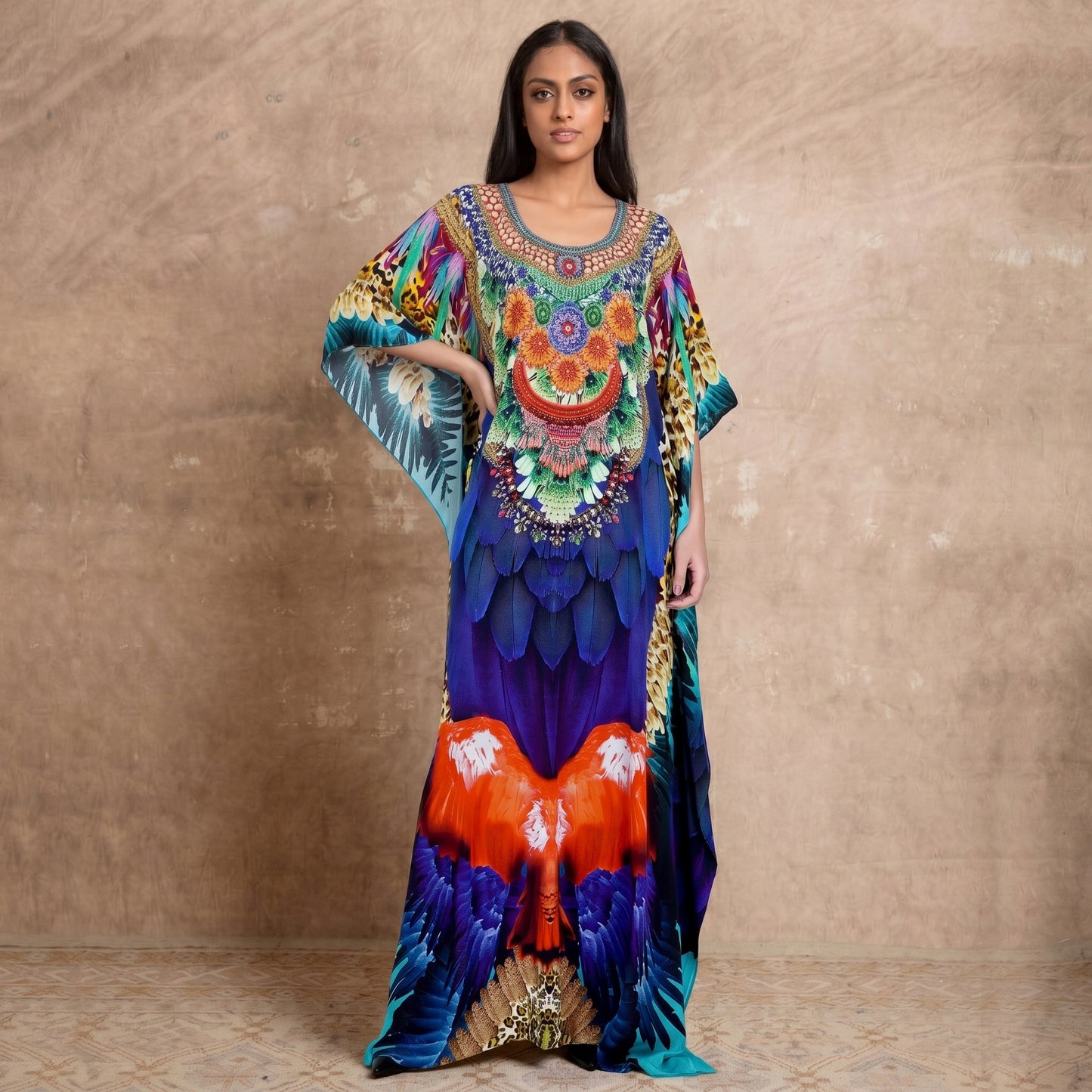 Yellow And Blue Tribal Print Kaftan for Women – Embellished | First Resort by Ramola Bachchan