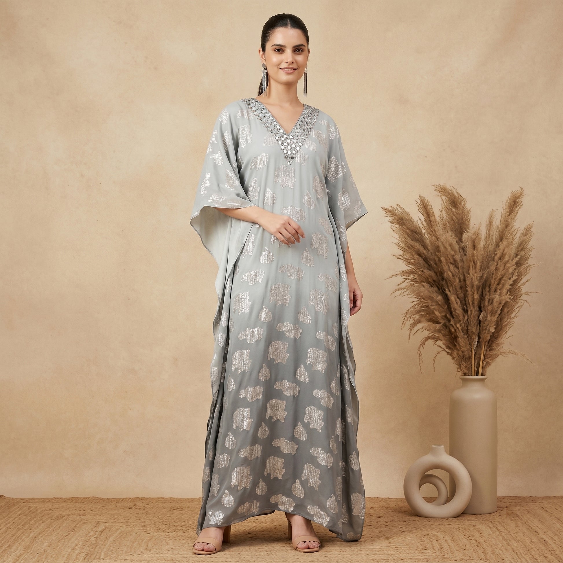 Grey Tie-Dye Print Kaftan for Women – Embroidered | First Resort by Ramola Bachchan