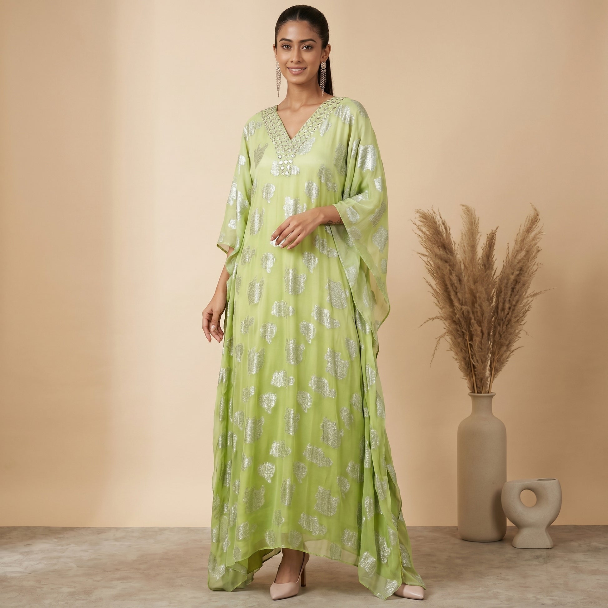 Parrot Green Tie-Dye Print Kaftan for Women – Embroidered | First Resort by Ramola Bachchan