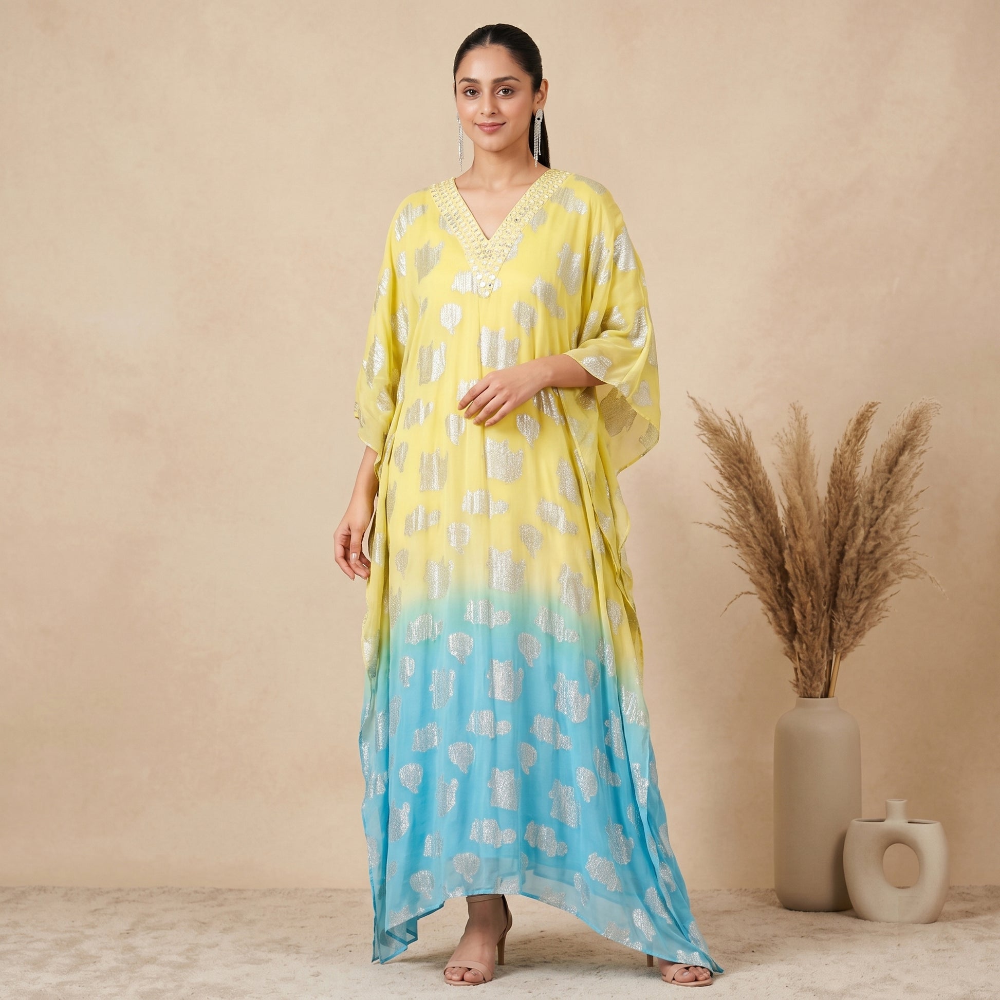 Yellow And Blue Tie-Dye Print Kaftan for Women – Embroidered | First Resort by Ramola Bachchan