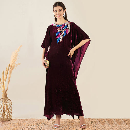 Wine Embroidered Silk Velvet Full Length Kaftan