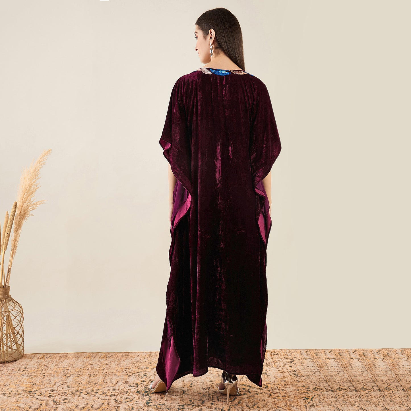 Wine Embroidered Silk Velvet Full Length Kaftan