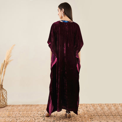 Wine Embroidered Silk Velvet Full Length Kaftan