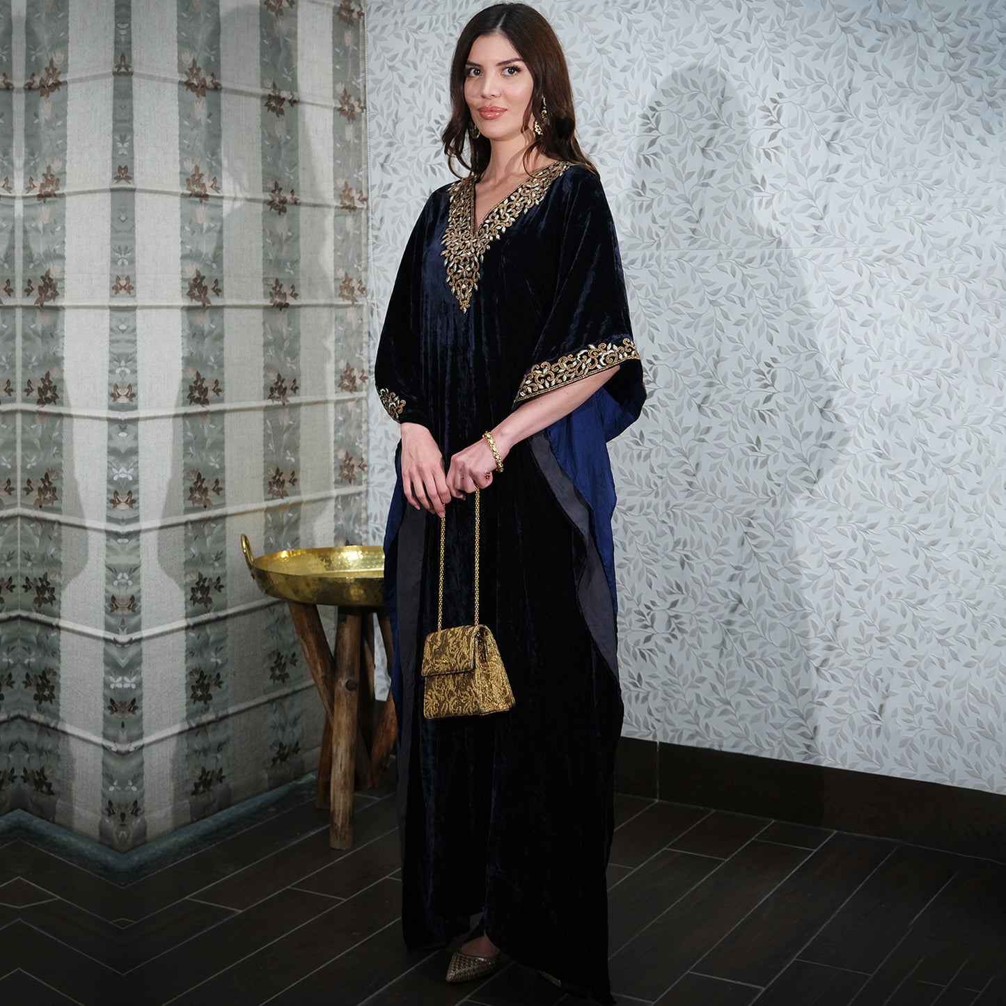 Blue Embroidered Silk Velvet Full Length Kaftan