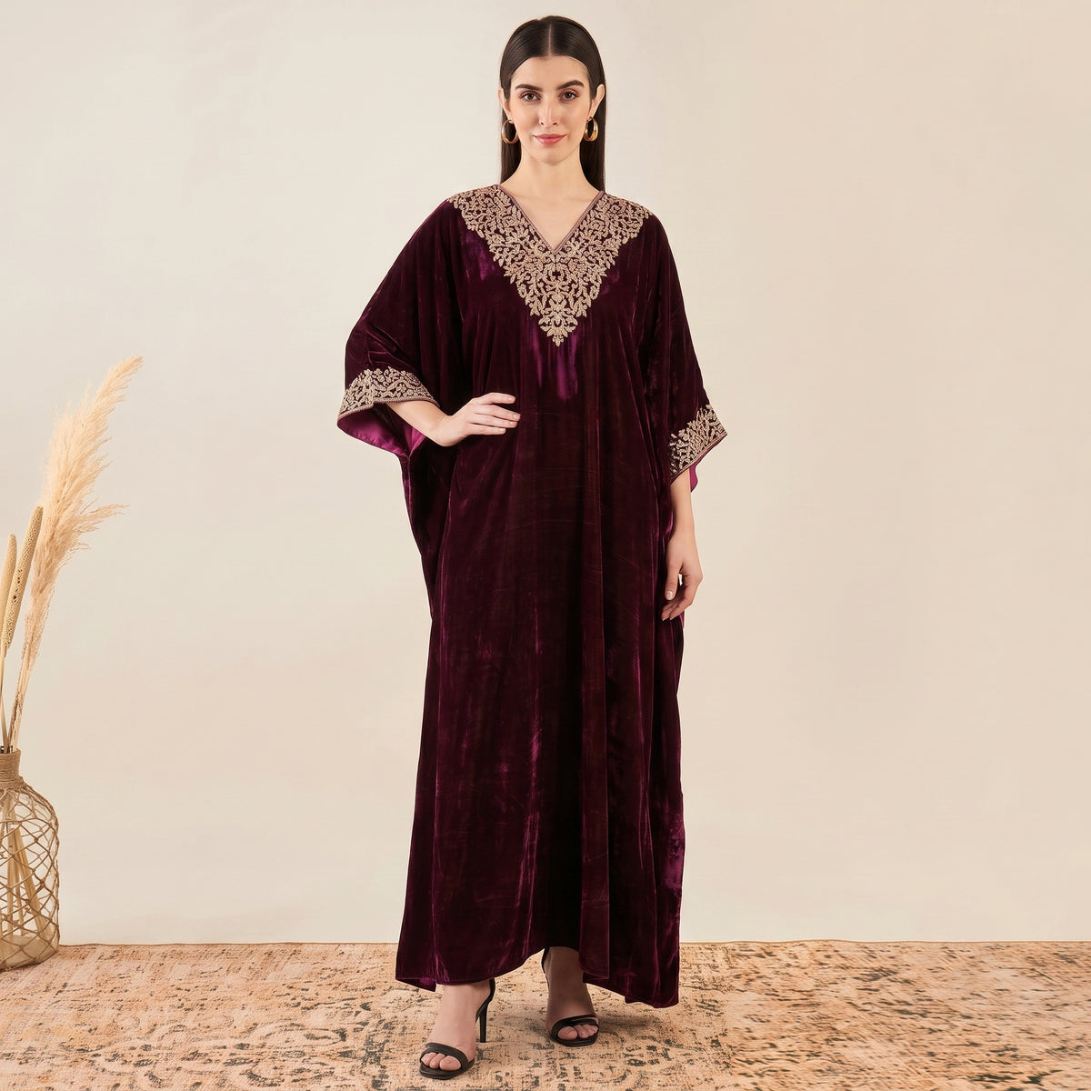 Maroon Kaftan for Women – Embroidered | First Resort by Ramola Bachchan